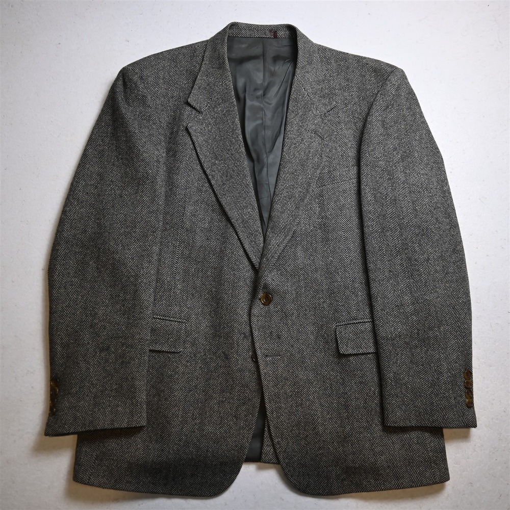 Vtg USA Made 46L Gray Herringbone 100% Wool Tweed Blazer Jacket Sport Coat